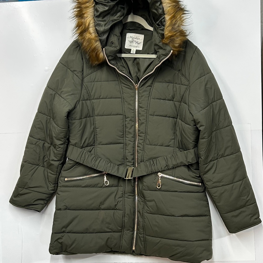 Maralyn & Me Womens Puffer Jacket Olive Green Faux Fur Hooded Parka Belted XL